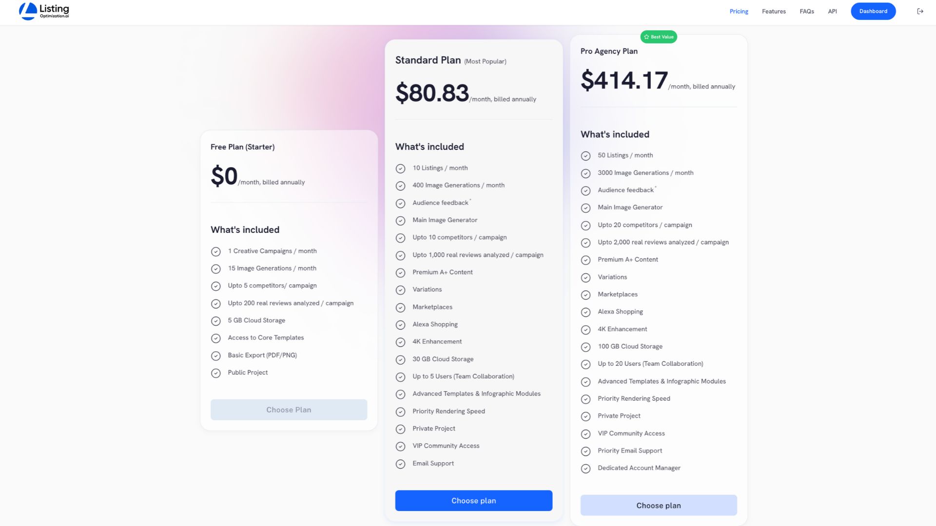 Free / Standard / Pro Agency plan list
